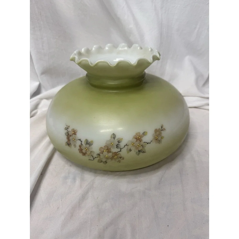 Vintage Hand Painted Green Milk Glass Ruffled Globe Hurricane Oil Lamp Shade